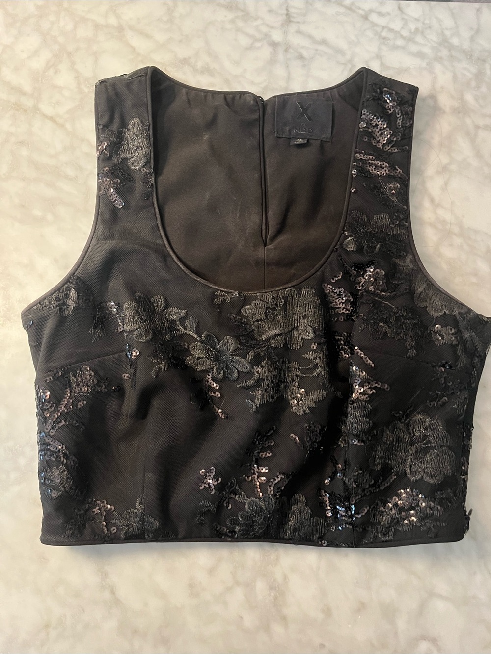 NBD Black Sequin Floral Cropped Tank Top